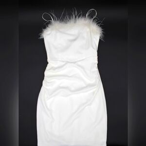 Emerald Sundae White Feather Trim Bodycon Dress – Size Small